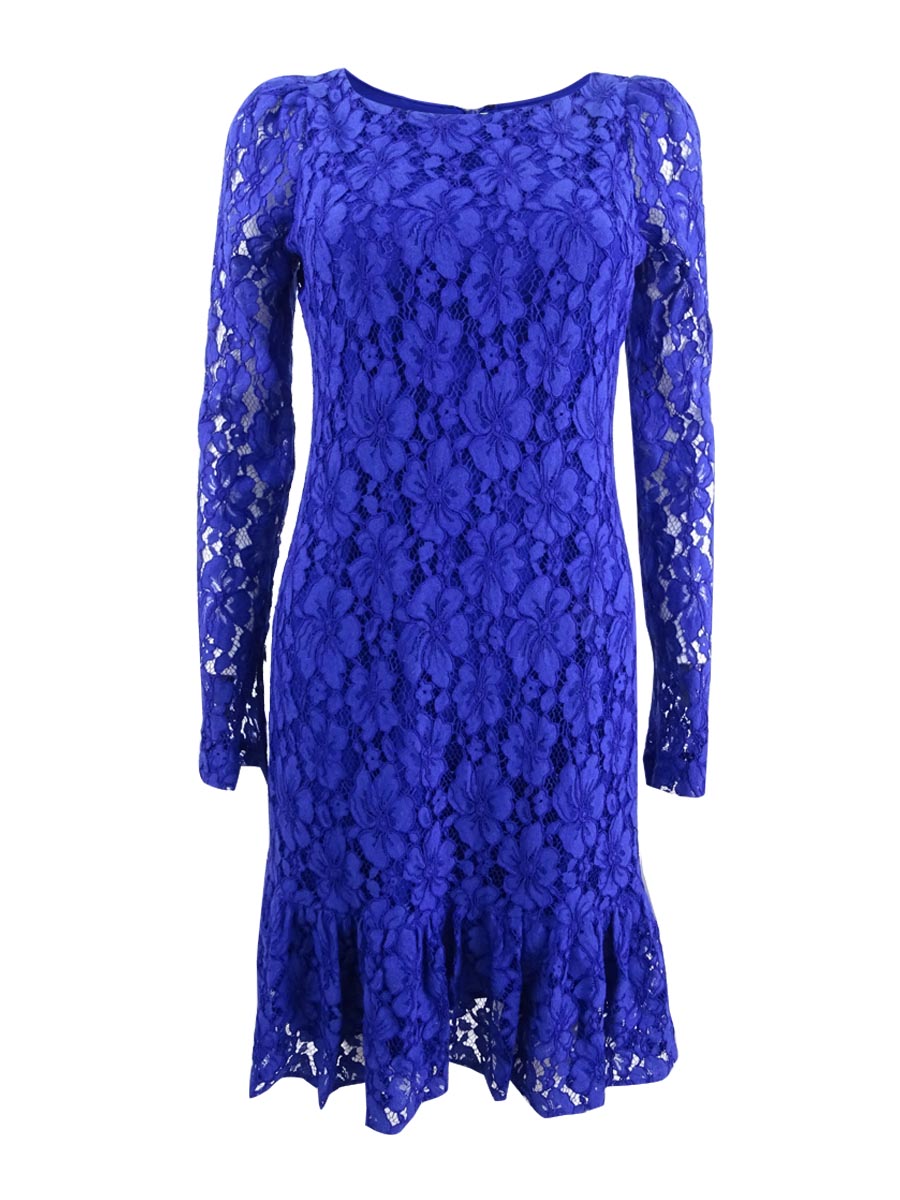 calvin klein blue lace dress Calvin Klein Women's Petite Ruffled-Hem Lace Dress (4P, Ultramarine)