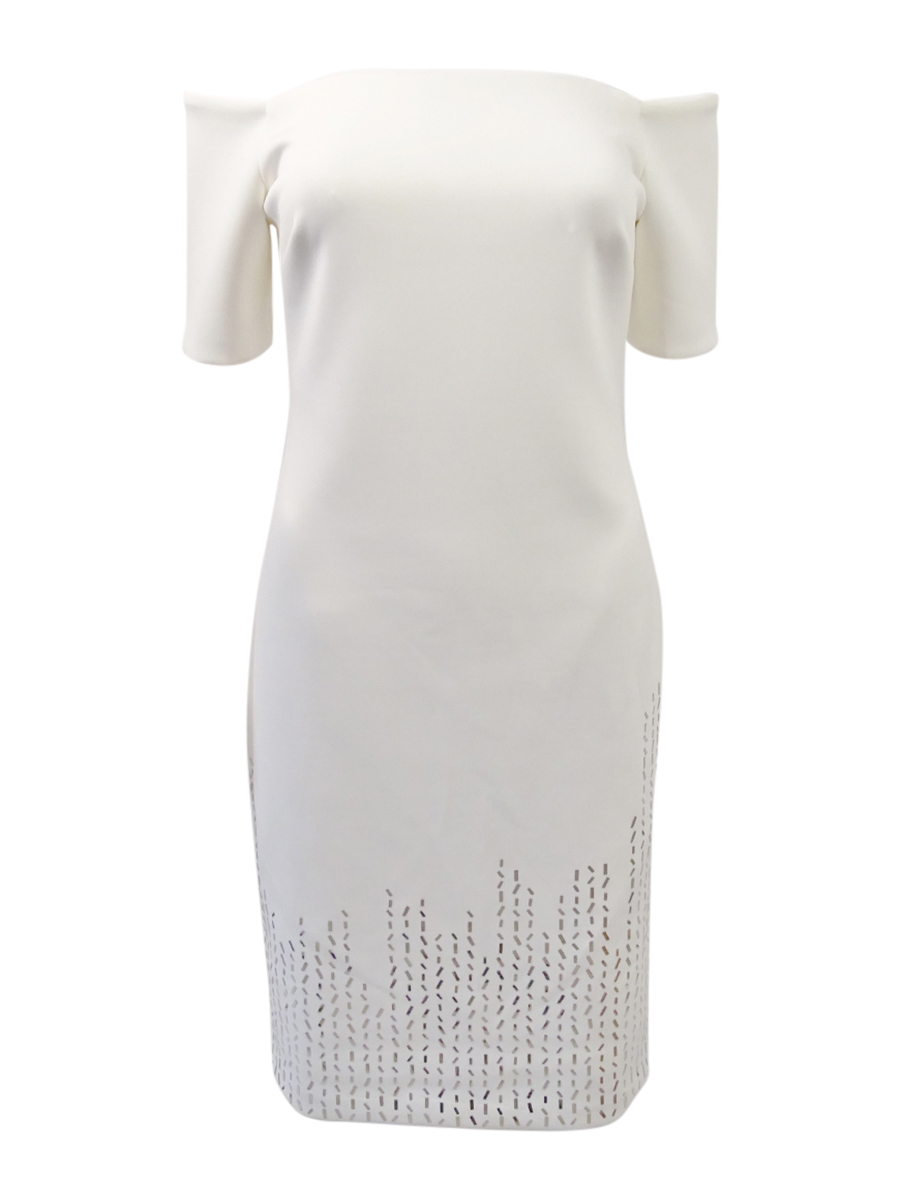 calvin klein white off the shoulder dress Calvin Klein 6 Off Shoulder Sheath Dress White Black Trim Short Sleeve