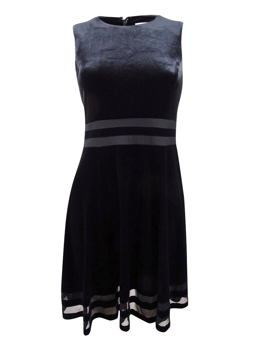 Calvin Klein Women's Petite Velvet Illusion A-Line Dress - Black