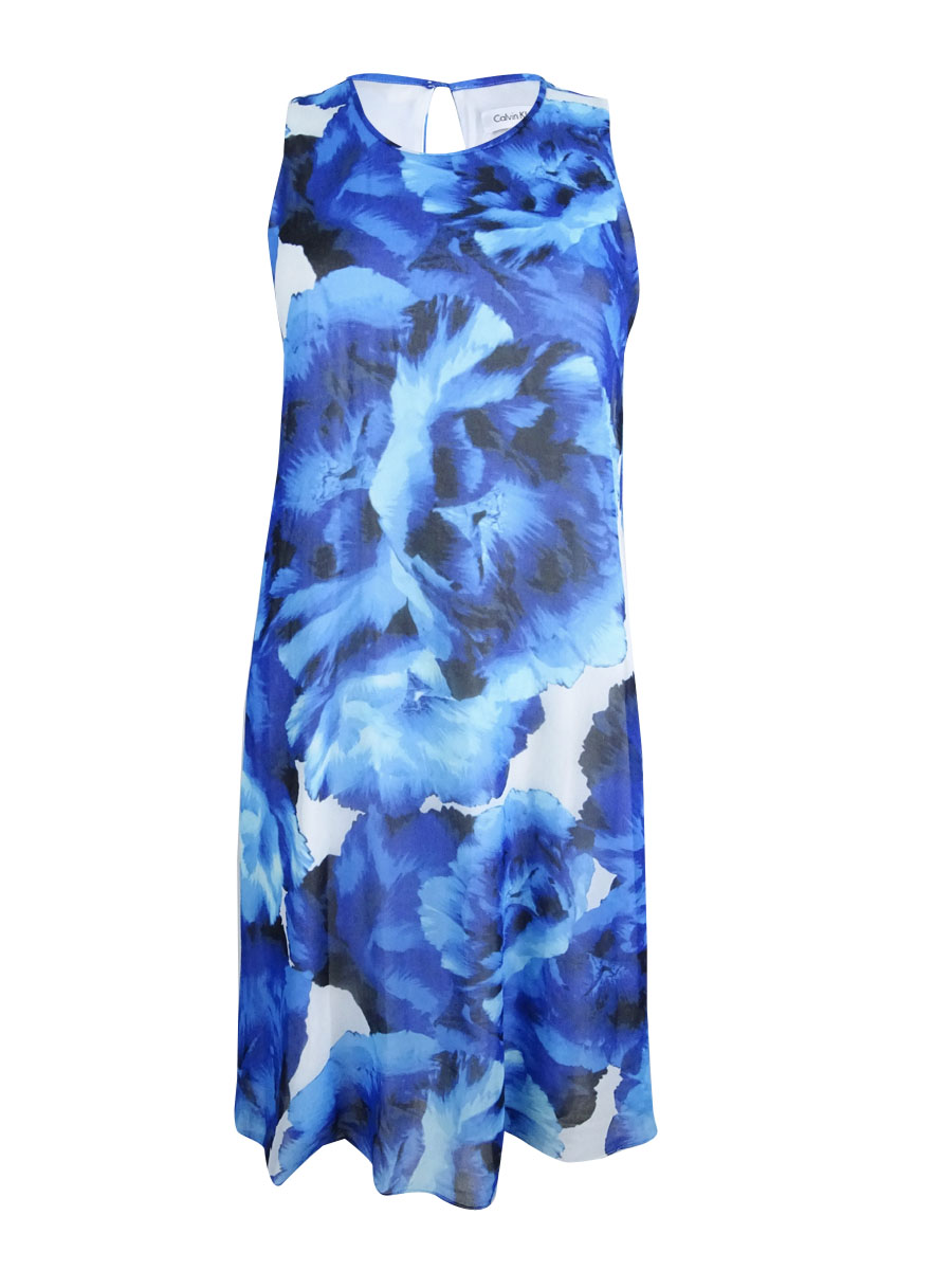 calvin klein sleeveless chiffon dress Calvin Klein Sleeveless Chiffon Printed Midi Women's Dress Bayou Cream : 14
