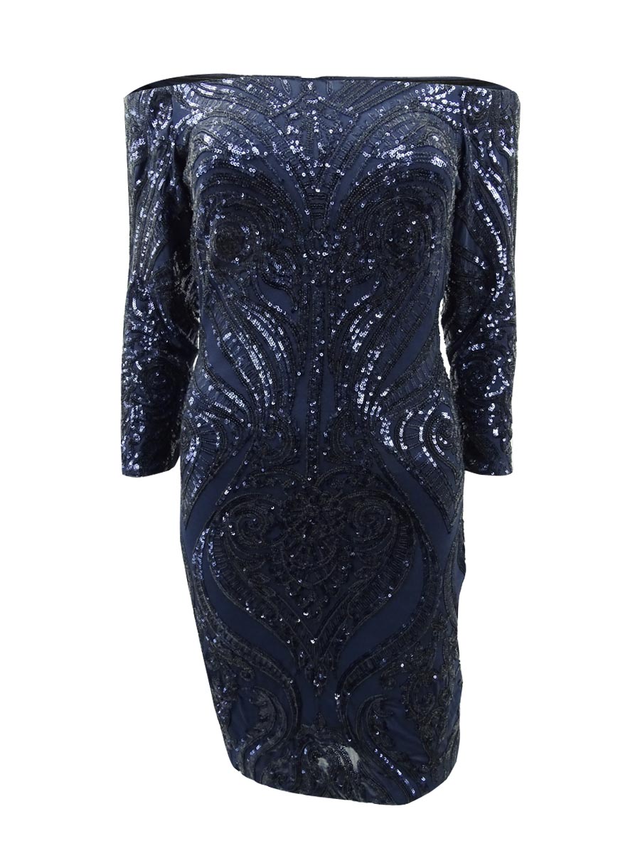 betsy & adam sequined off the shoulder dress Betsy & Adam Women's Sequined Off-The-Shoulder Dress (8, Navy)
