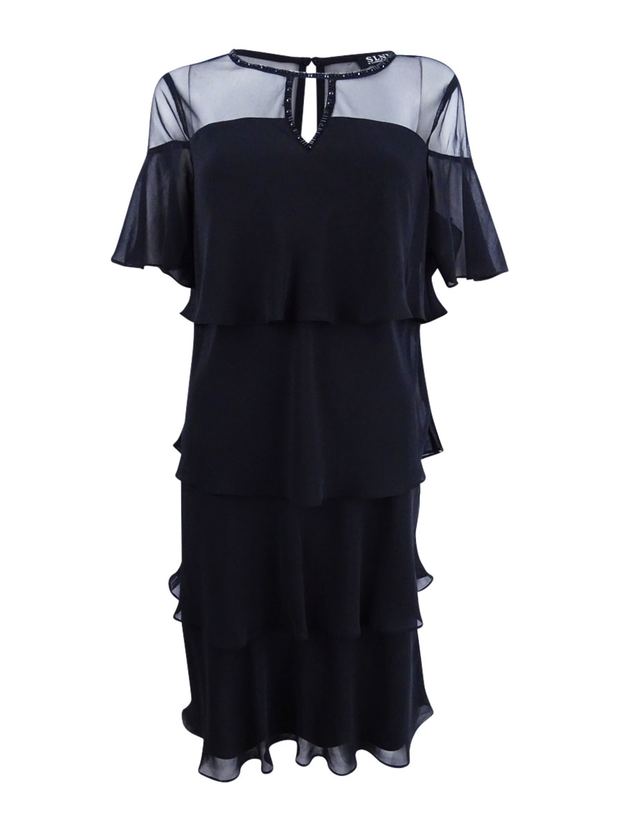 sl fashions tiered chiffon dress Women's Embellished (4, Black) 794795005288 all at once sum241 Variants:3 Medium Centerpieces Petal & Pup Women's Plus size