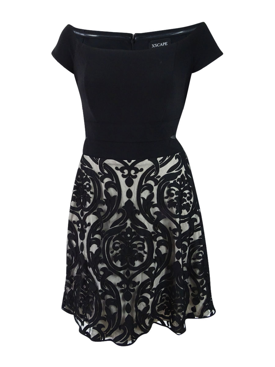xscape off the shoulder fit and flare dress XSCAPE Women's Blue Off-The-Shoulder Fit & Flare Dress  COUTUREPOINT