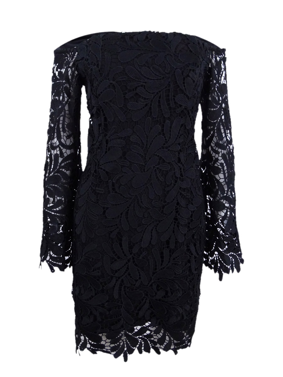 bardot lace off the shoulder dress Women's Cream Lace Bardot Long Sleeve Mini Dress