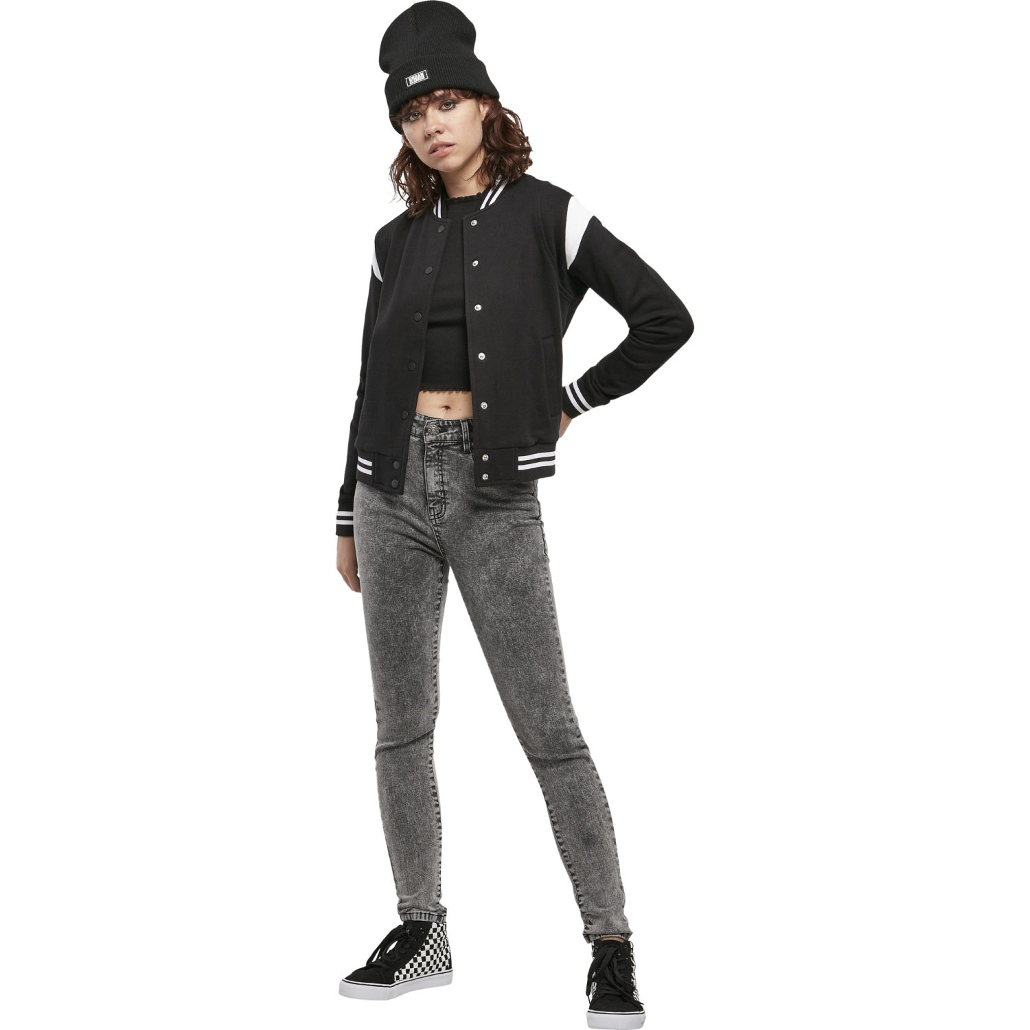Urban Classics Women's Organic College Sweat Jacket - Black, Ribbed Cuffs, Snap Front (Size XS) - View #5