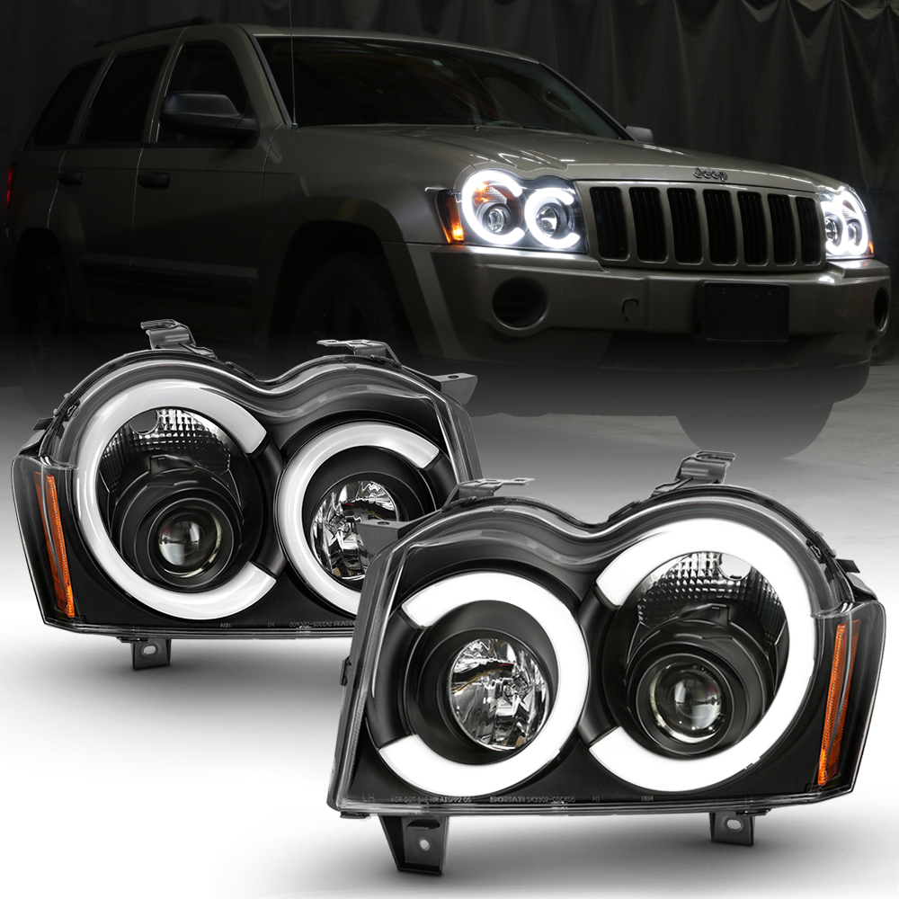 For 0507 Jeep Grand Cherokee Black Housing LED Tube Halo Projector Headlight eBay