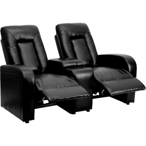 eclipse series 2-seat reclining black leather theater seating unit with cup