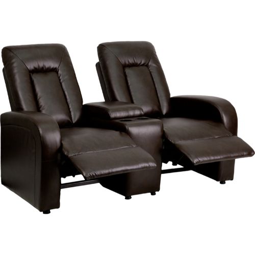 eclipse series 2-seat reclining brown leather theater seating unit with cup