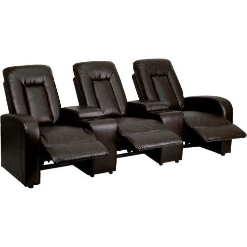 eclipse series 3-seat reclining brown leather theater seating unit with cup