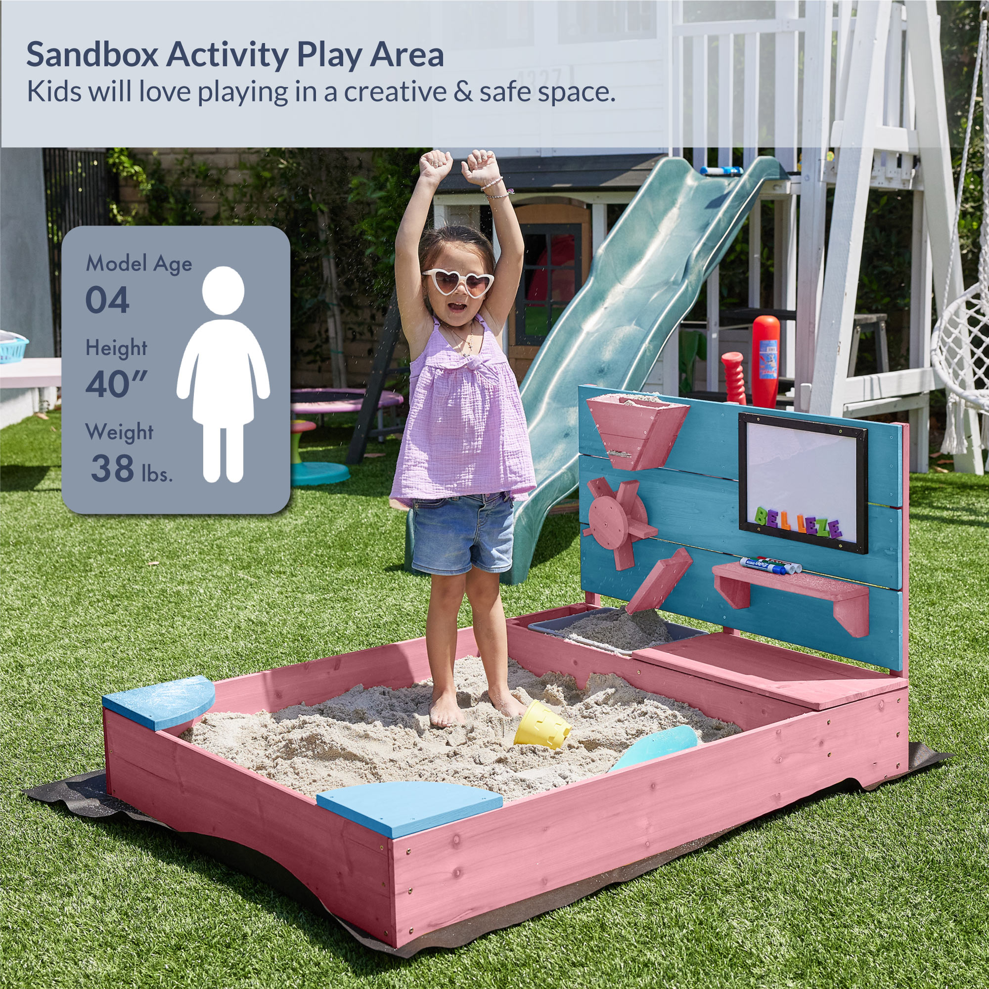 Kids Wooden Sandbox Outdoor Sandpit for Backyard with Cover (Pink)
