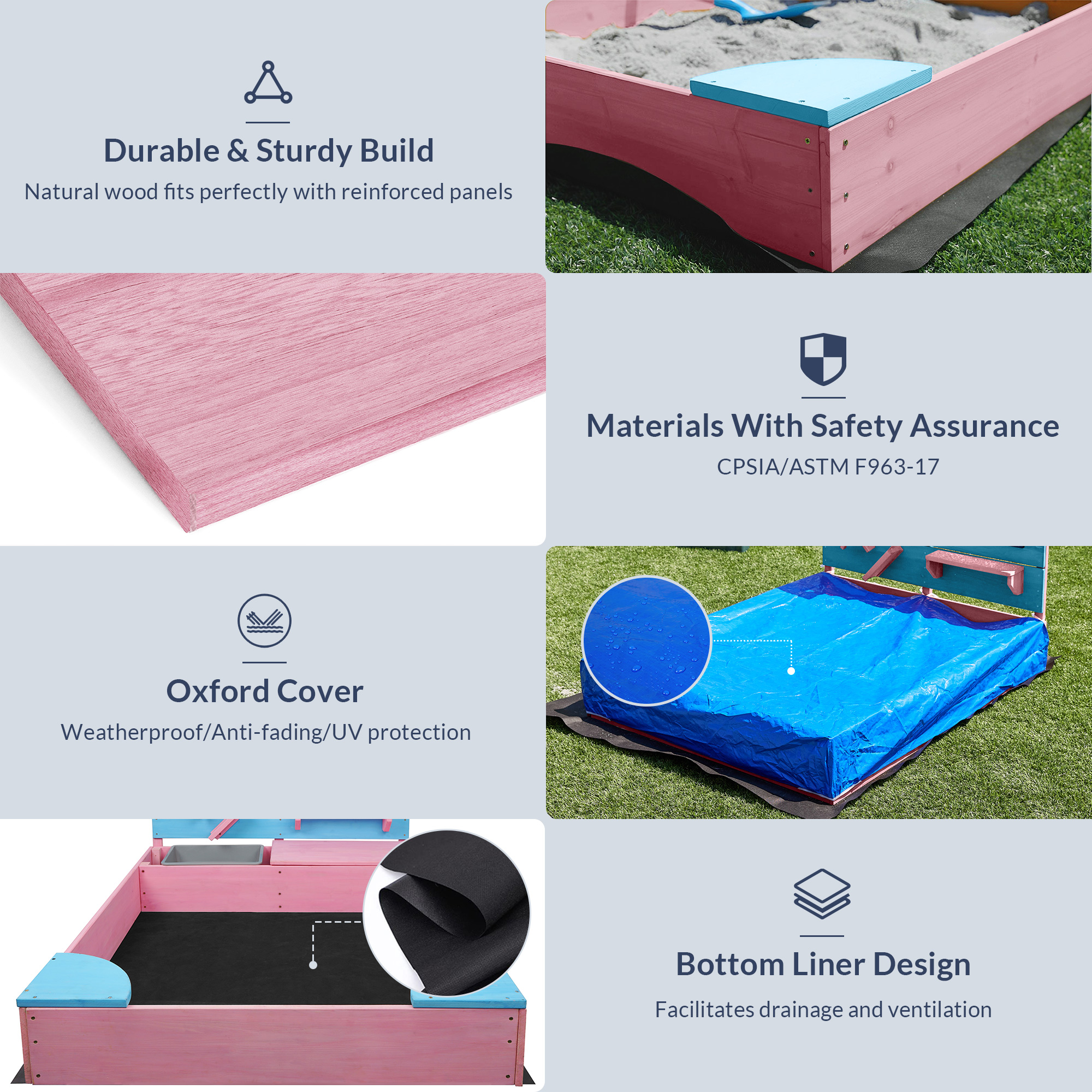 Kids Wooden Sandbox Outdoor Sandpit for Backyard with Cover (Pink)