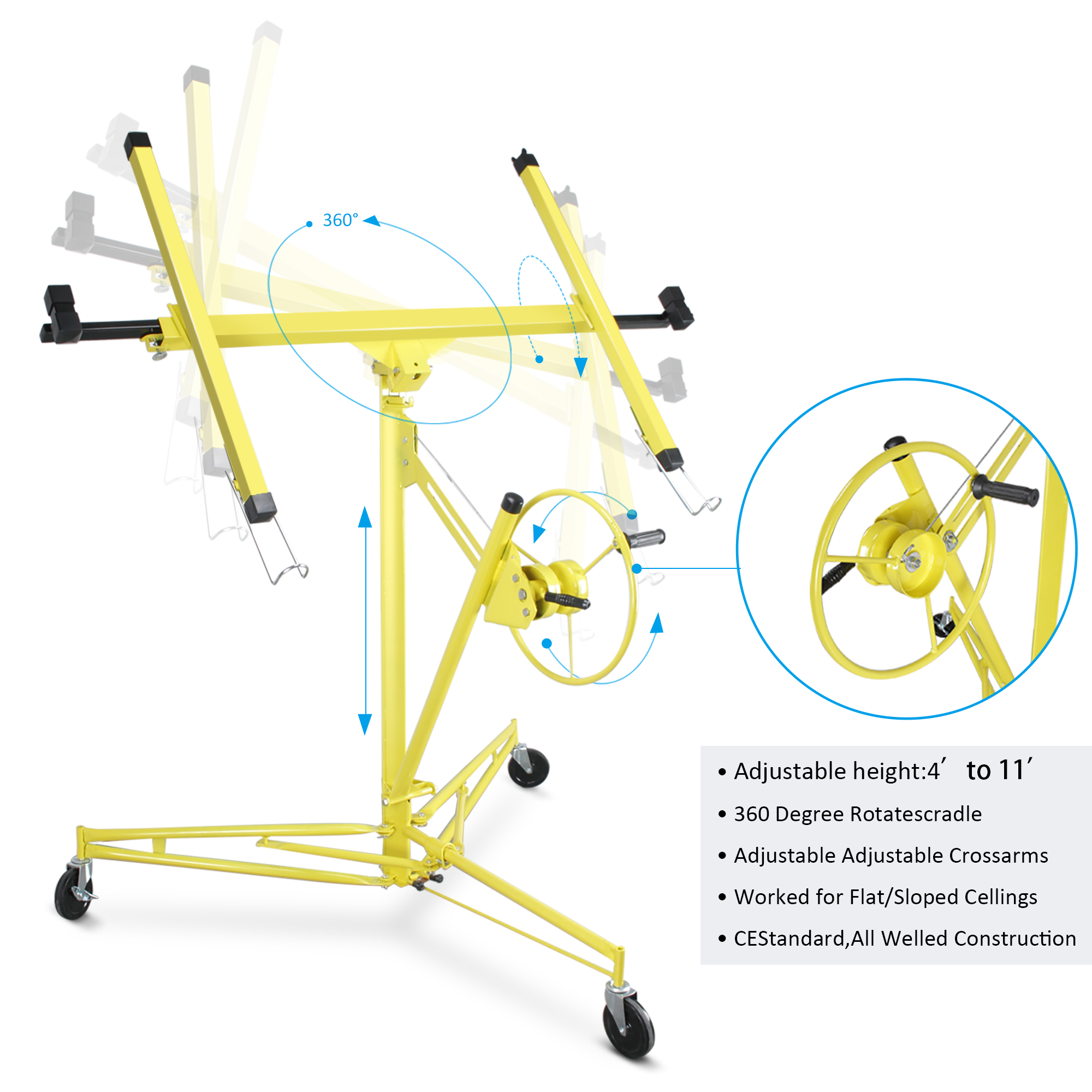 Drywall Lift Panel 11' Hoist Dry Wall Jack Rolling Caster Lifter