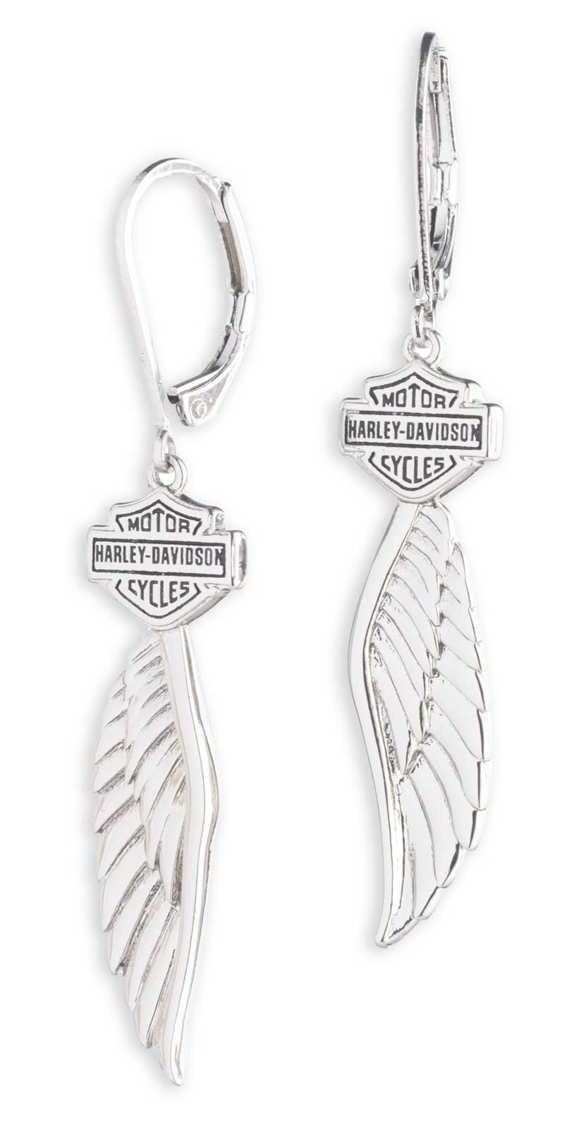 Harley-Davidson Women's Script Bar & Shield Winged Logo Drop Earrings, Silver