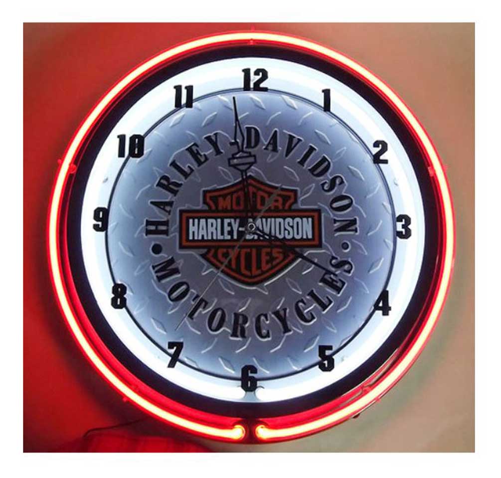 HarleyDavidson Diamond Plated Bar & Shield Neon Clock, Orange Neon HDL