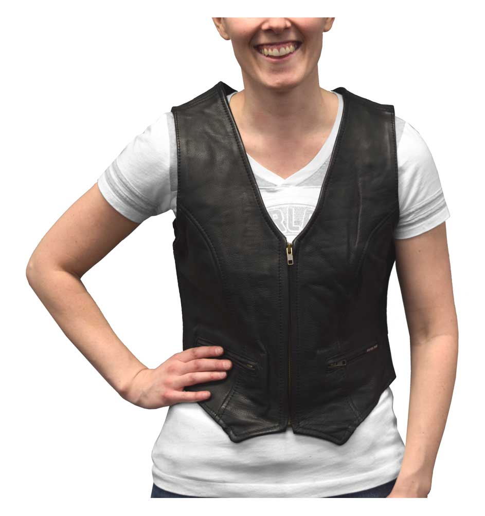 Redline Leather Women's Zip Front Leather Motorcycle Riding Vest, Black