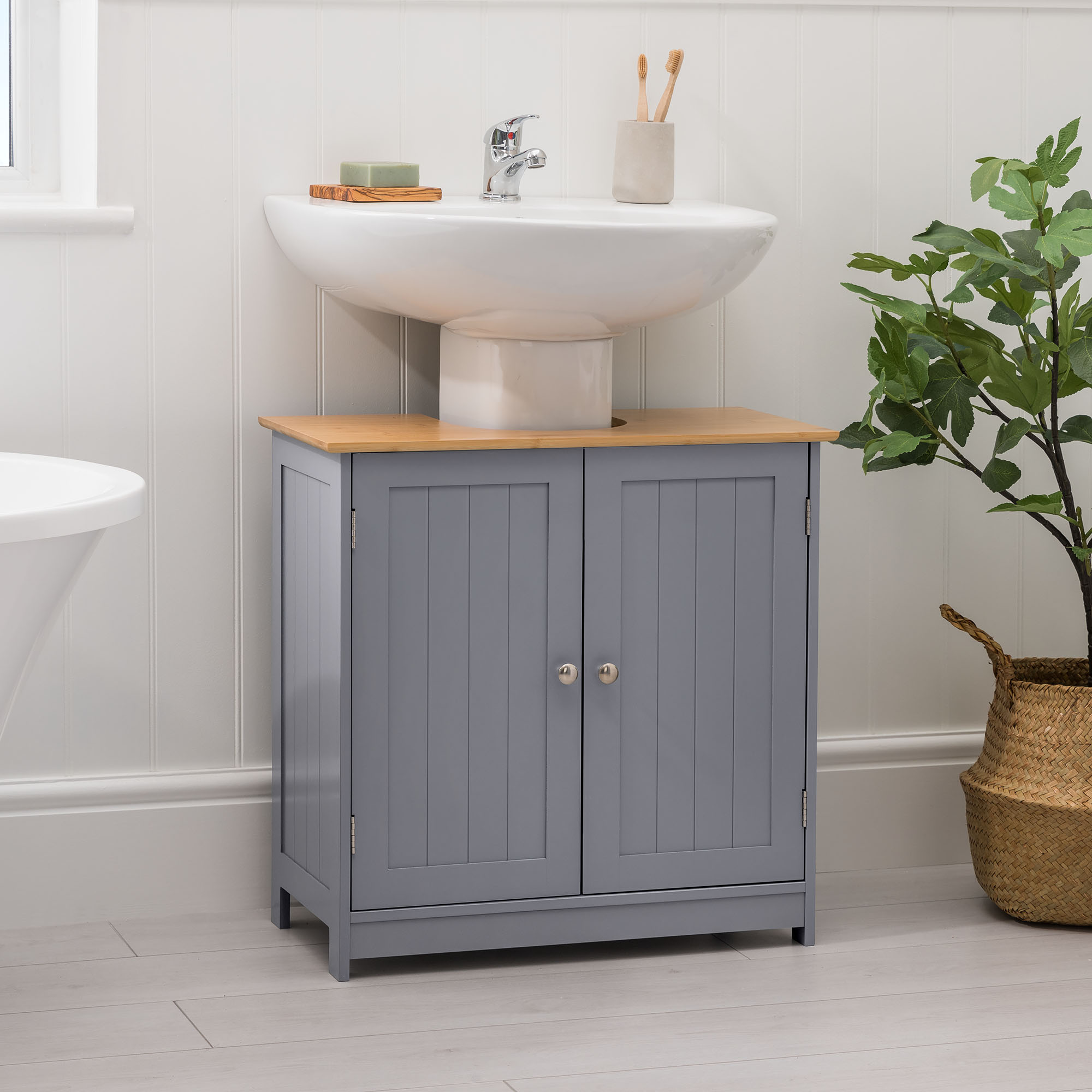 Bathroom Under Sink Cabinet Grey Bamboo Wooden Storage Cupboard Unit Christow