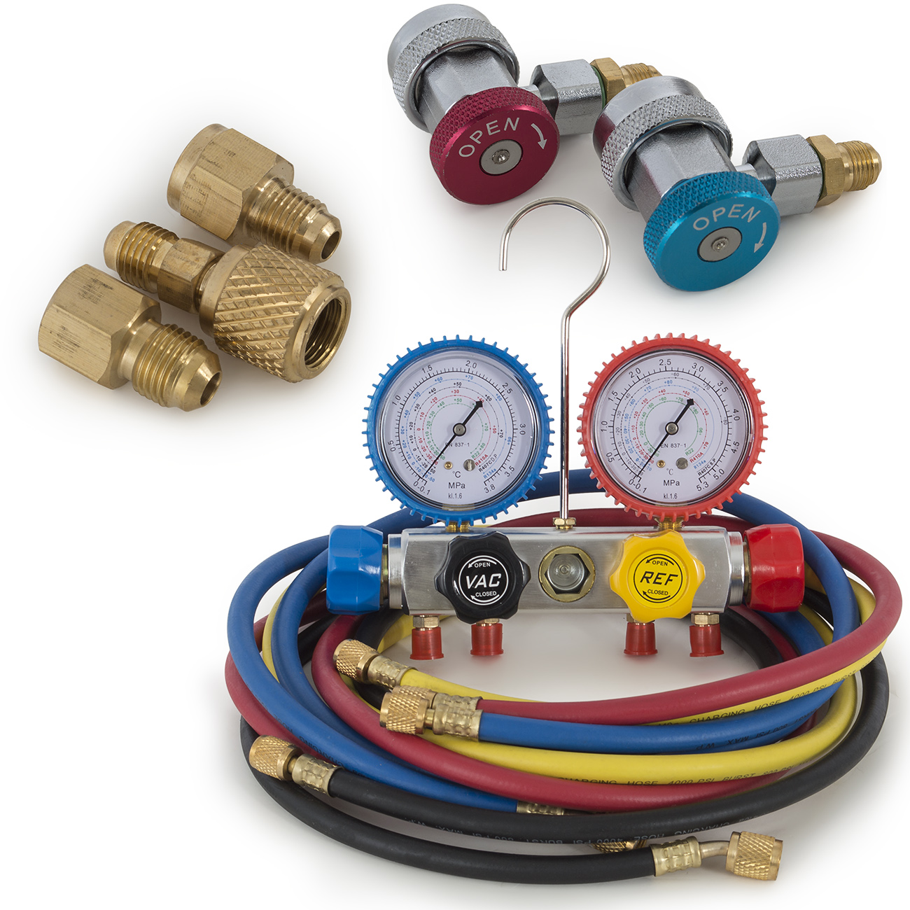 4 Way AC Manifold Gauge Set R410A R134A R22 w/Hoses + Hi & Low Adapters
