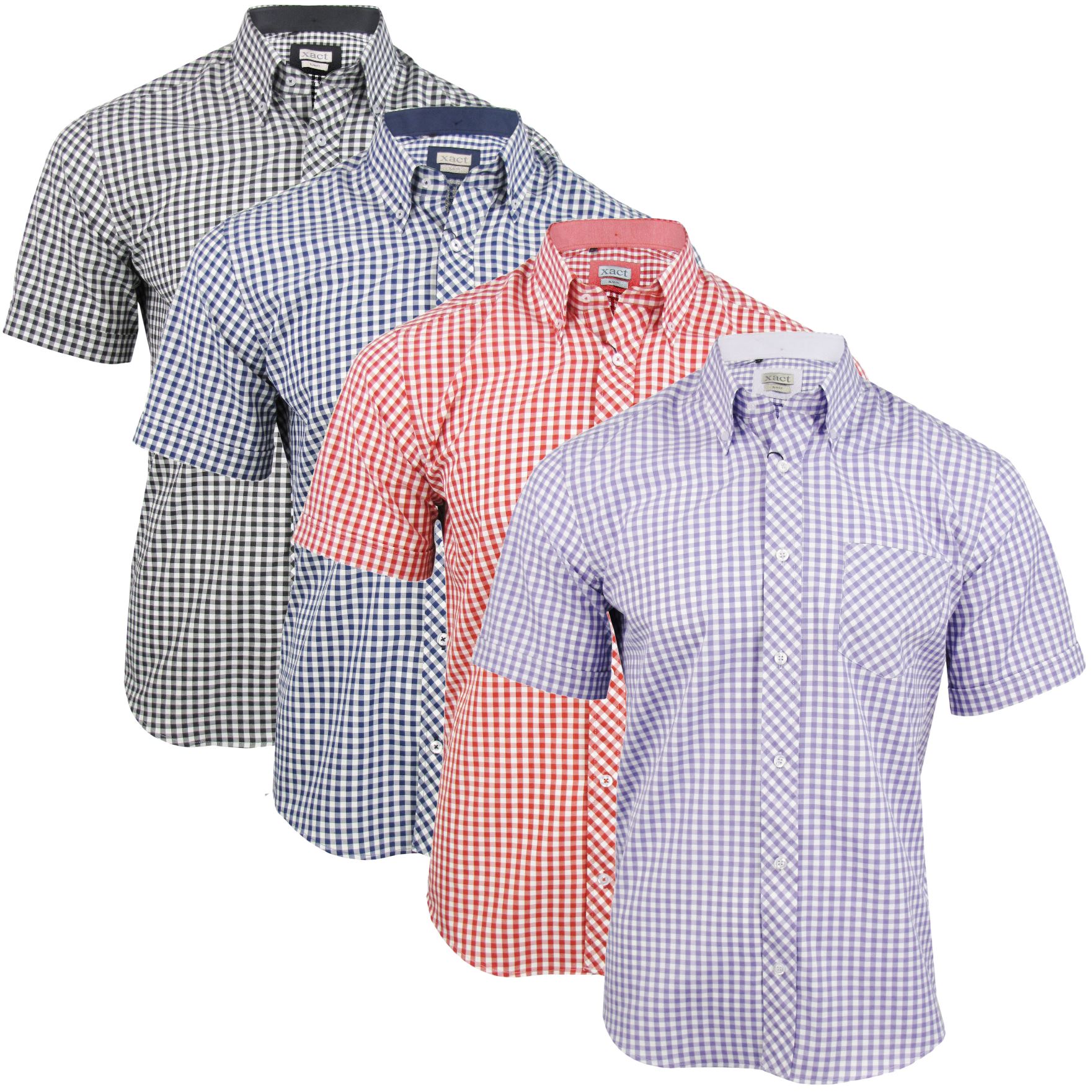 MENS SHORT SLEEVE Gingham Check Shirt Button Down Collar Slim Fit By