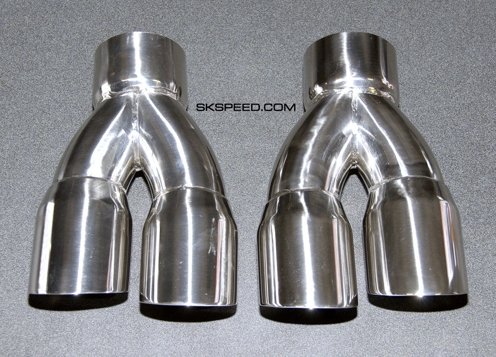 Polished Stainless Quad Slant Cut Exhaust Tips Single 3" inlet/ Dual 3