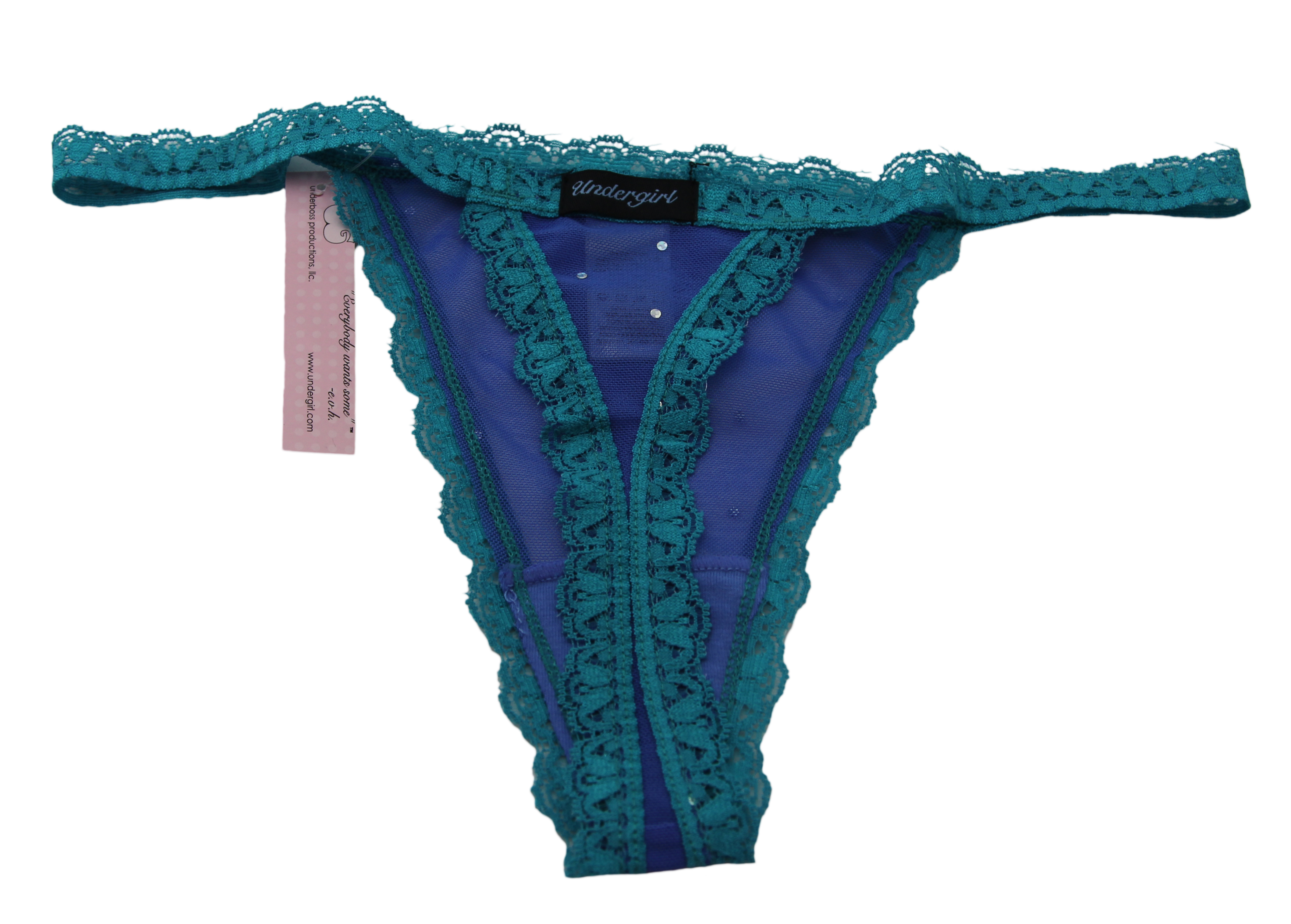 UNDERGIRL Women's Blue / Teal Sheer Rhinestone Lace Thong Panties Sz S