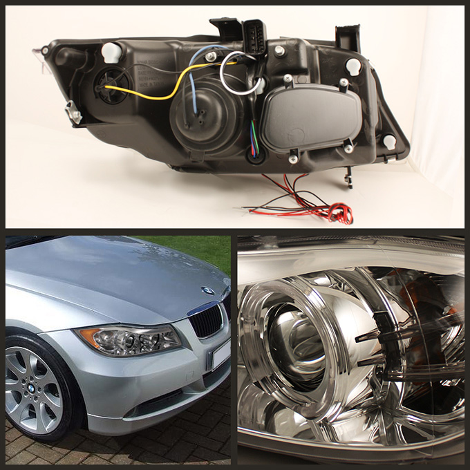 Fits 2006-2008 BMW E90 3-Series Chrome Dual Halo Projector Headlights+Eyes Lip