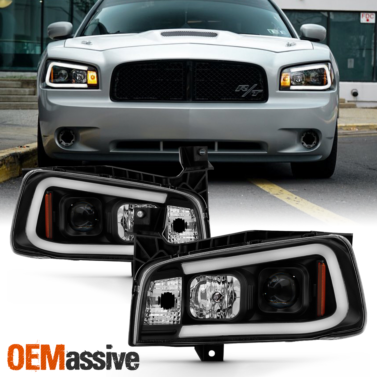 2006-2010 Dodge Charger Sedan Black DRL LED Projector Headlights | Halogen  | Clear Lens | Front | Sedan | Fits