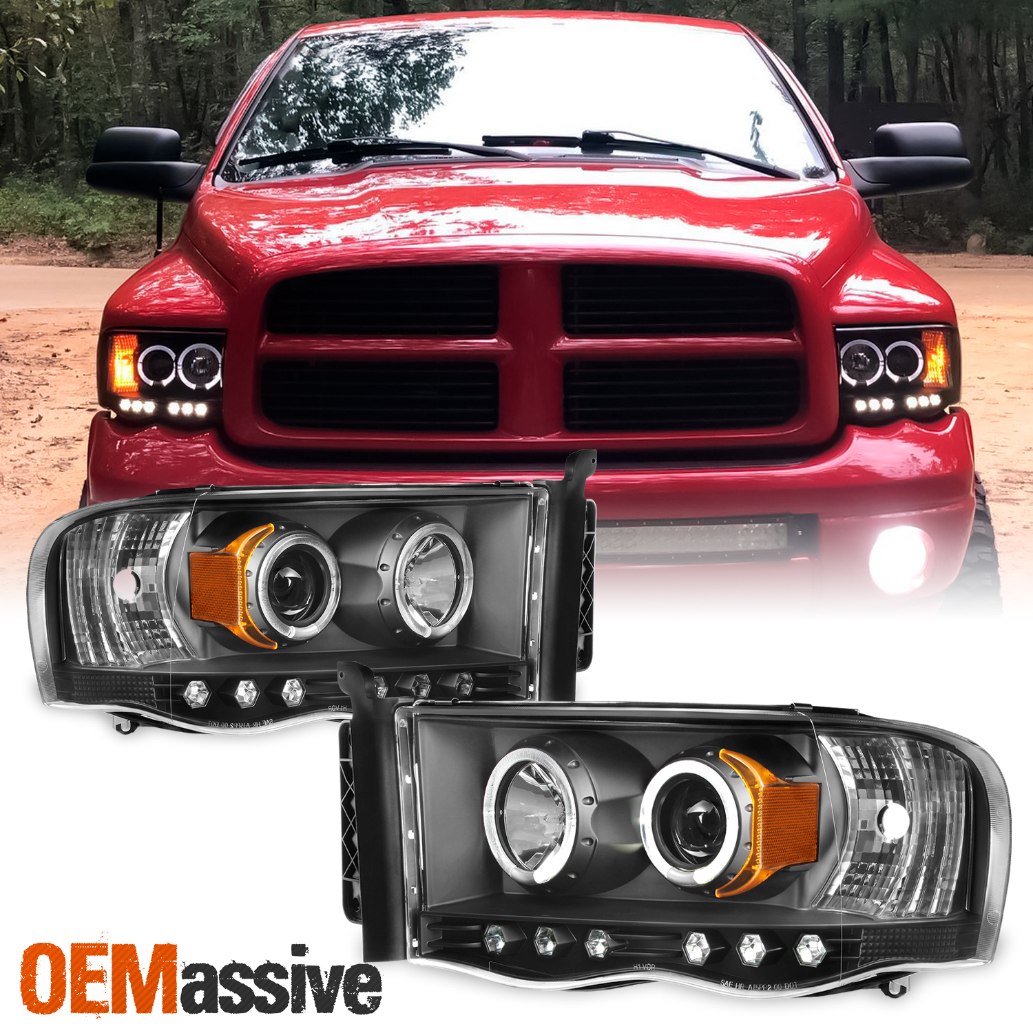 DTMOTO Black Smoke LED Halo Projector Headlights For 2002-2005 Dodge Ram 1500 2500 3500 – Pair