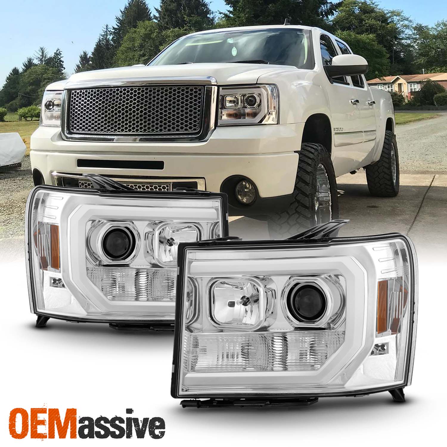 AKKON - For 2007-2014 GMC Sierra 1500 2500 3500 LED Light Tube Chrome Projector Headlight Driver Passenger