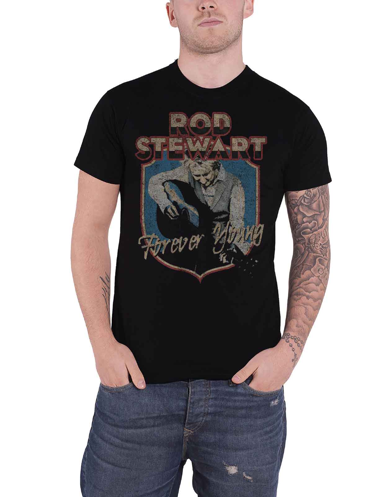 Official Rod Stewart Forever Young Crest Logo Distressed Mens T-Shirt