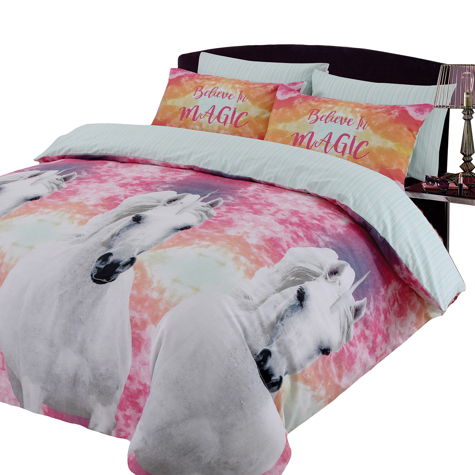 Kids Unicorn Pink-Grey-Duck Egg Duvet Quilt Cover Bedding Set Single-Double