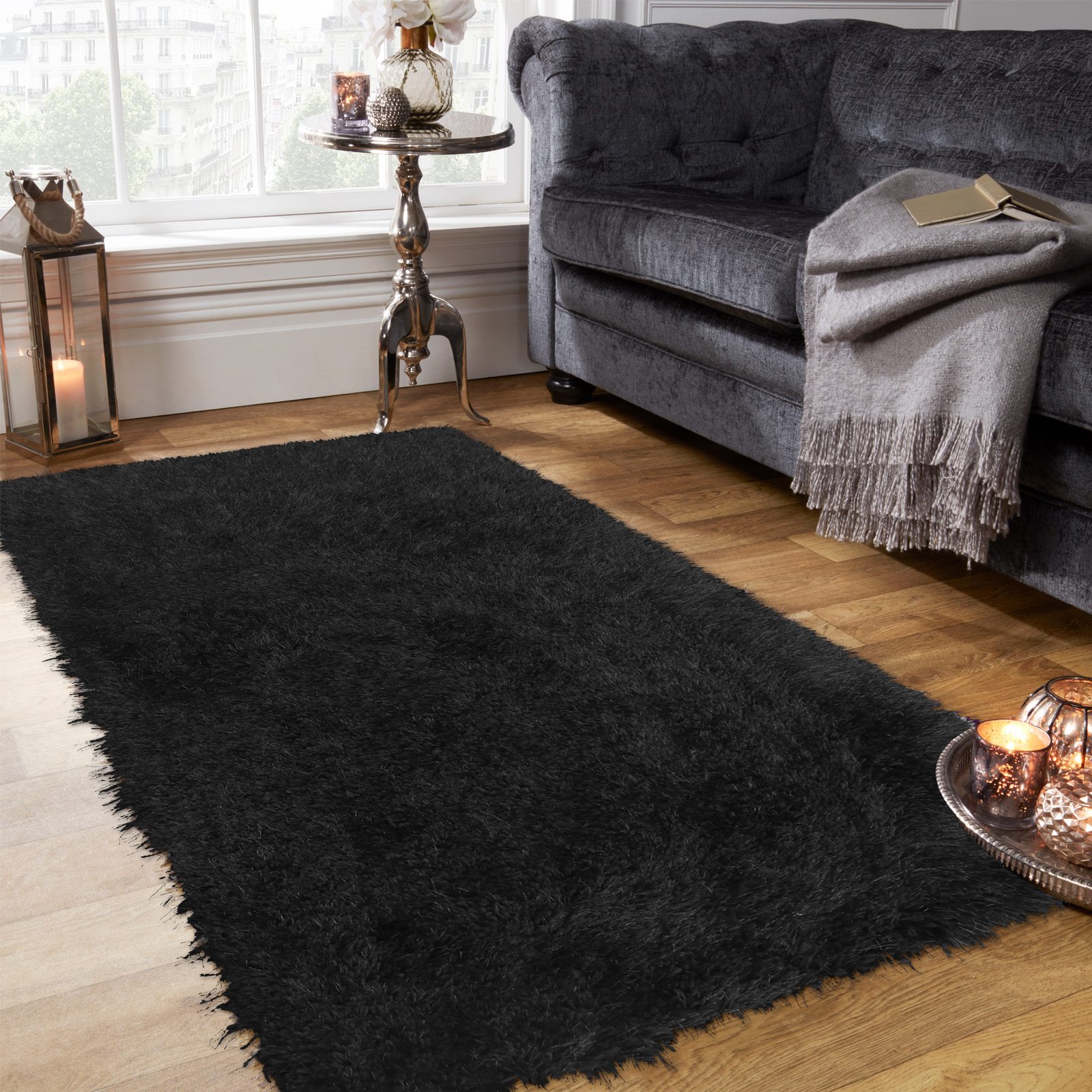 Sienna Large Shaggy Floor Rug Plain Soft Sparkle Area Mat 5cm Thick