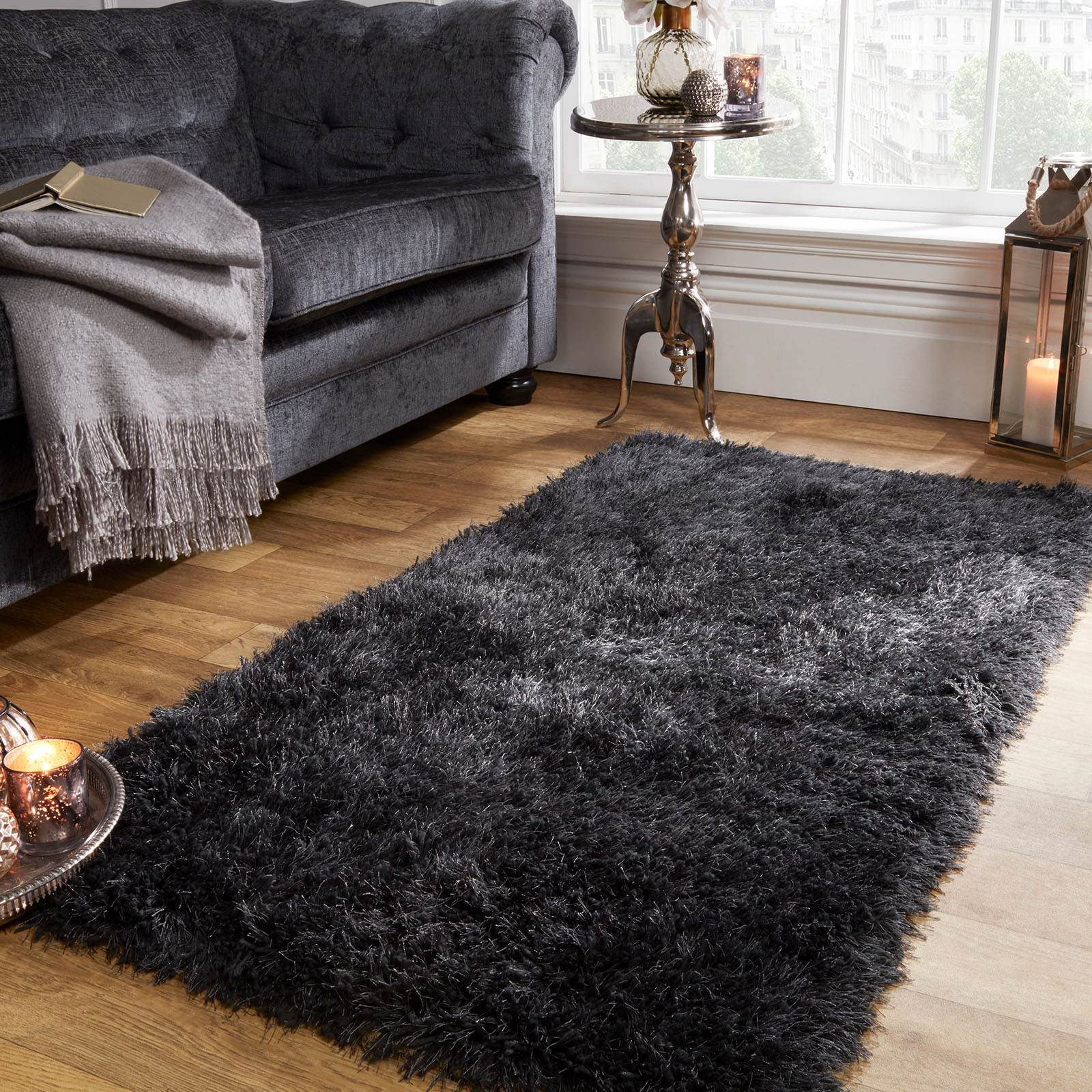 Sienna Shaggy Floor Rug Large Plain Soft Sparkle Carpet Thick 5cm Pile