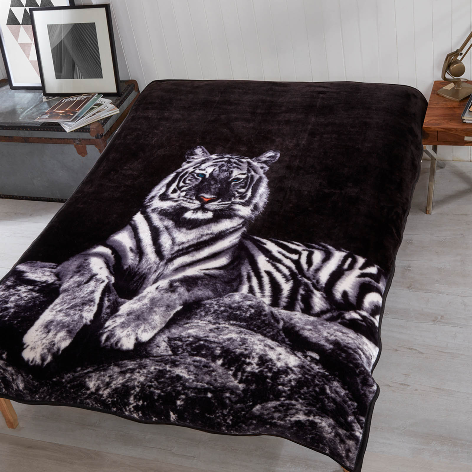 Dreamscene Faux Fur White Tiger Mink Throw Fleece Blanket Thick Warm