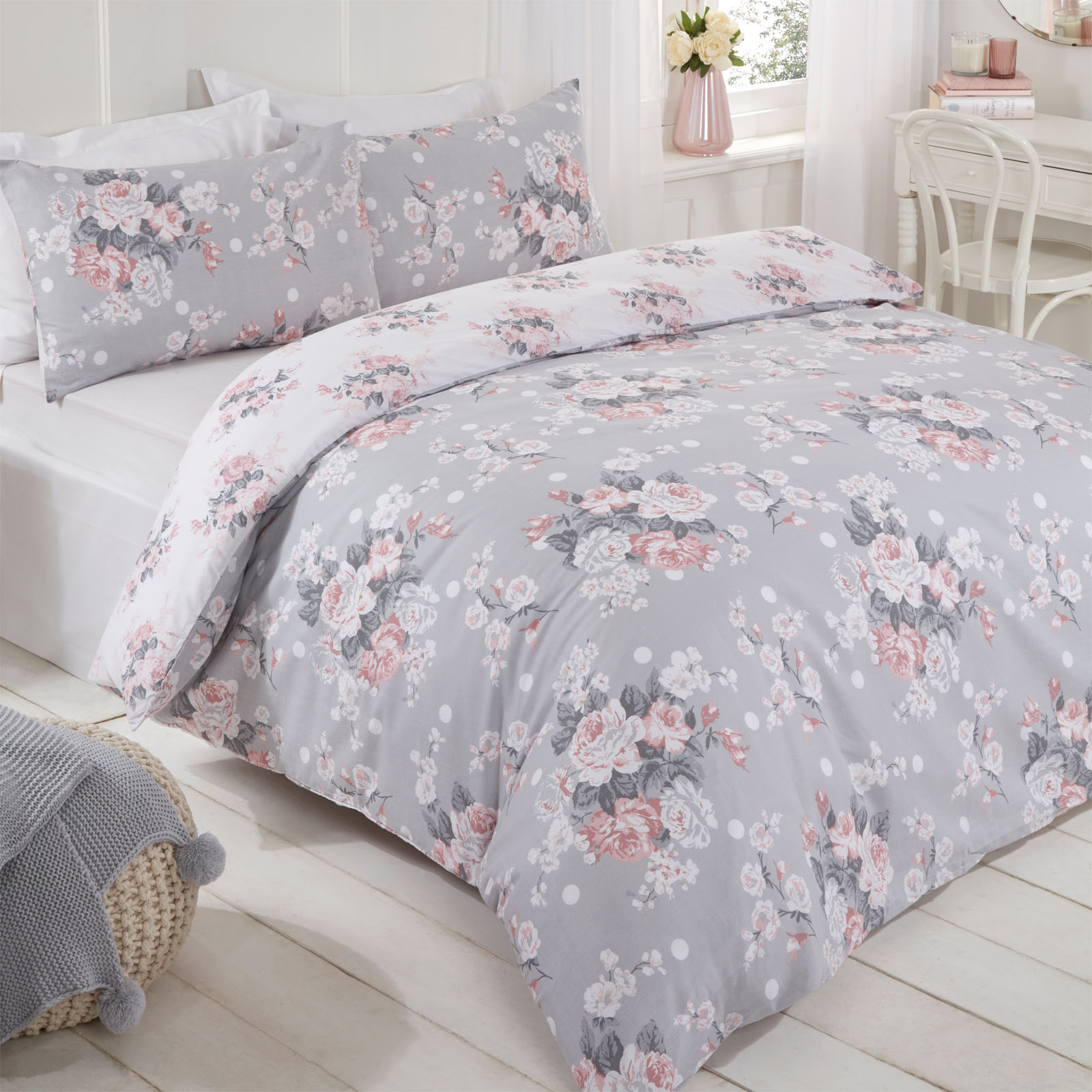 Dreamscene English Rose Duvet Cover with Pillow Case Bedding Set, Grey