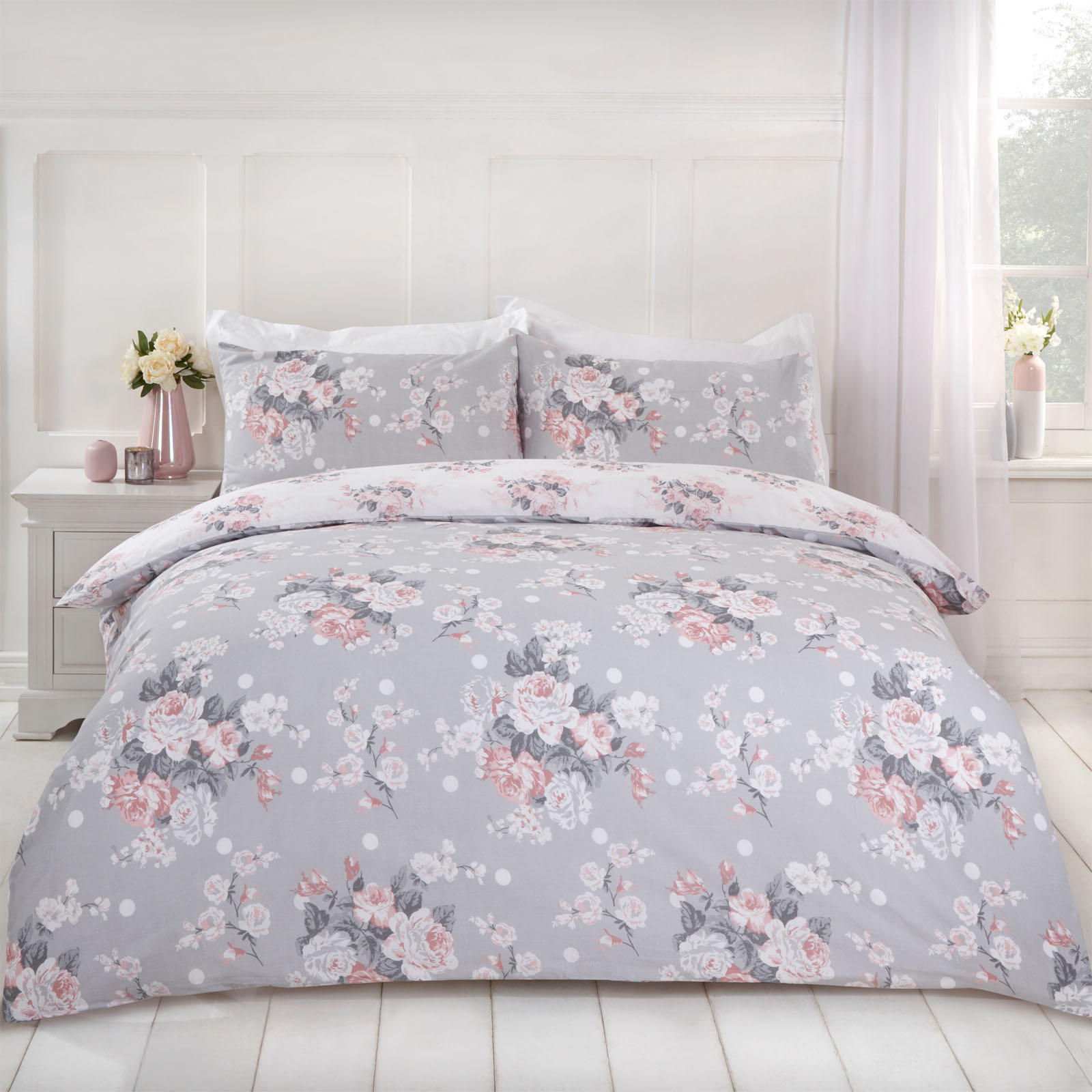Dreamscene English Rose Duvet Cover with Pillow Case Bedding Set, Grey Duck Egg eBay