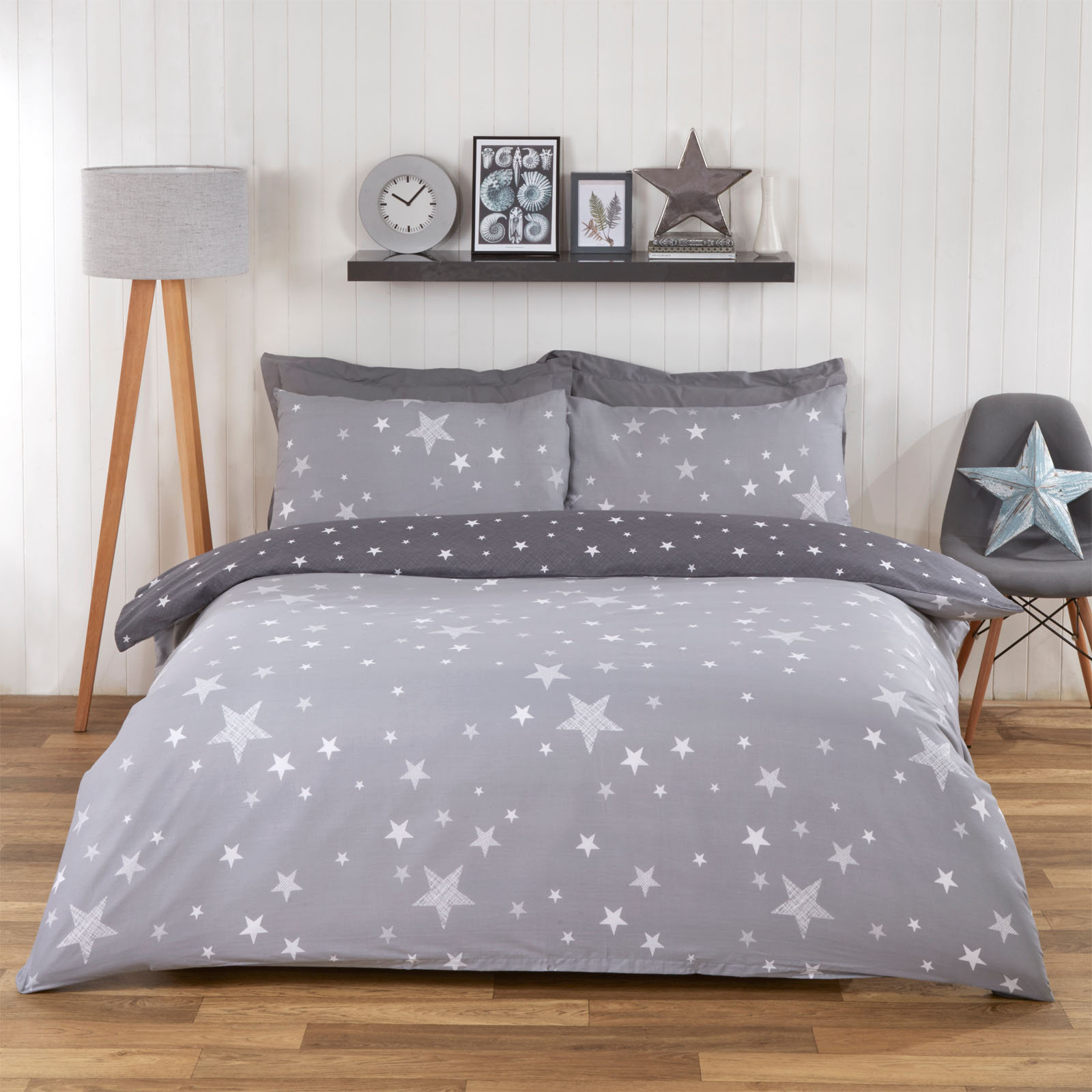 Dreamscene Stars Duvet Cover with Pillowcase Bedding Set Silver Grey