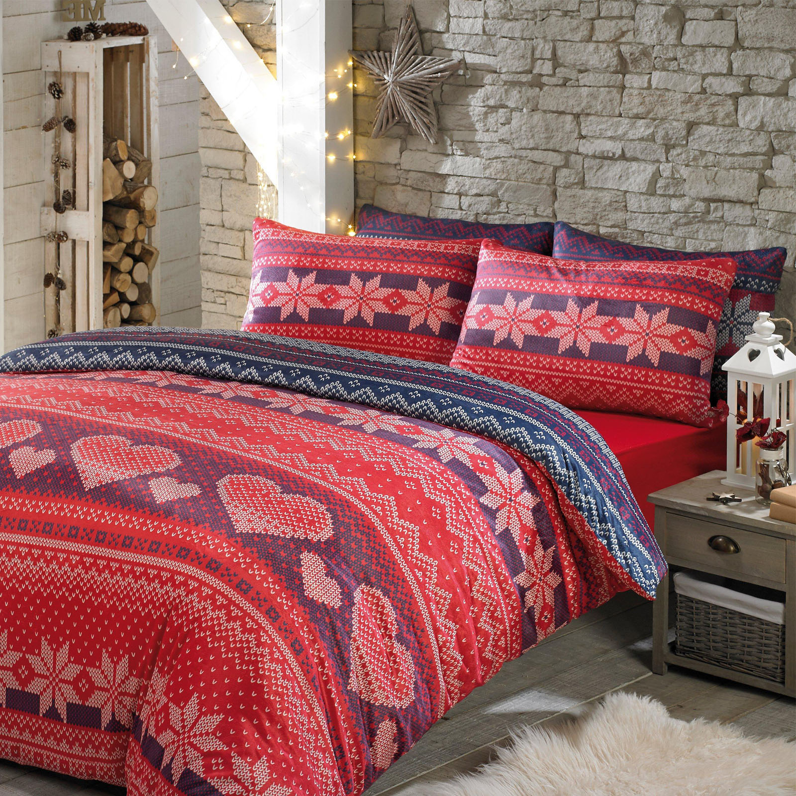 Festive Heart Duvet Cover With Pillowcase Grey Xmas Red Plush Velvet