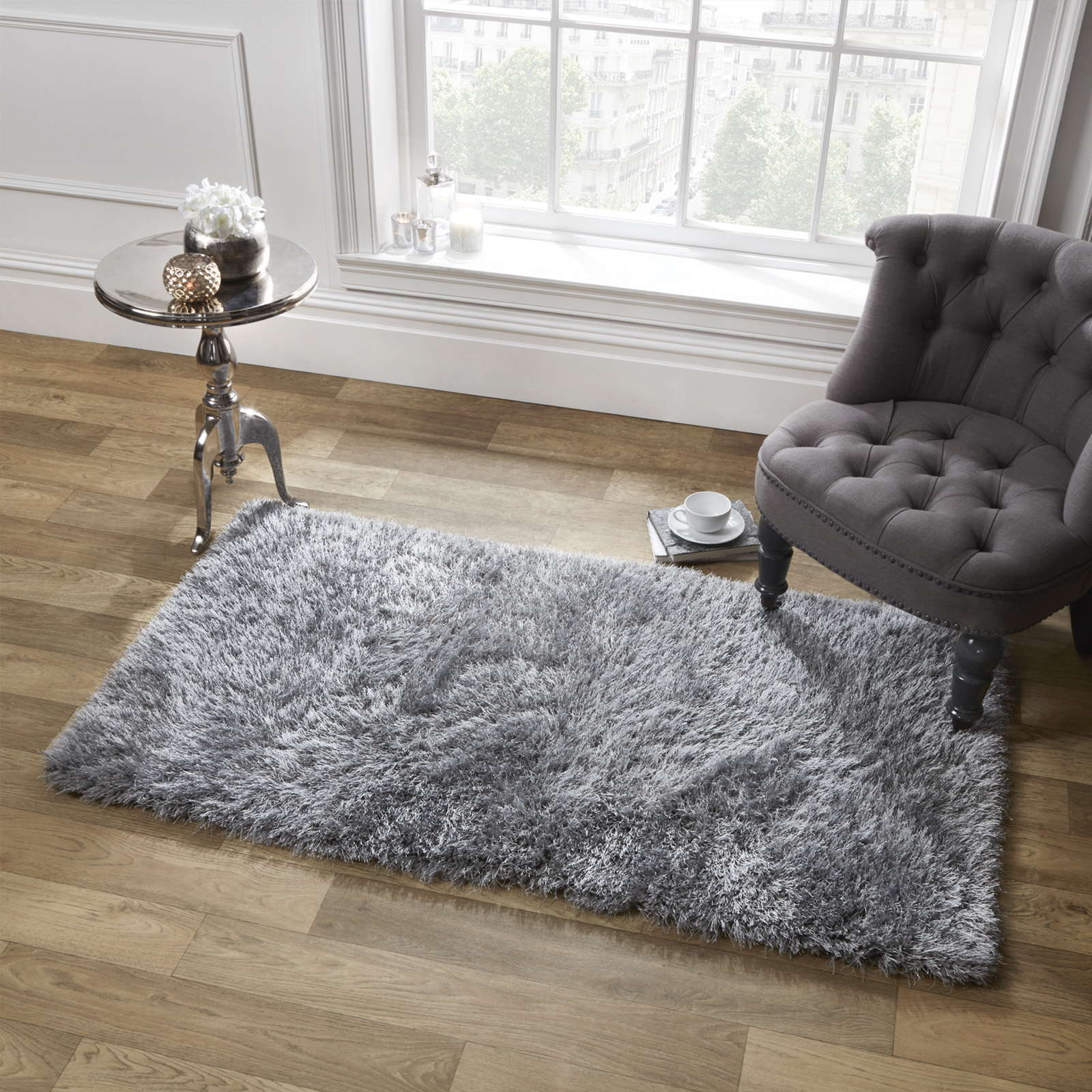 Sienna Large Shaggy Floor Rug Plain Soft Sparkle Area Mat 5cm Thick
