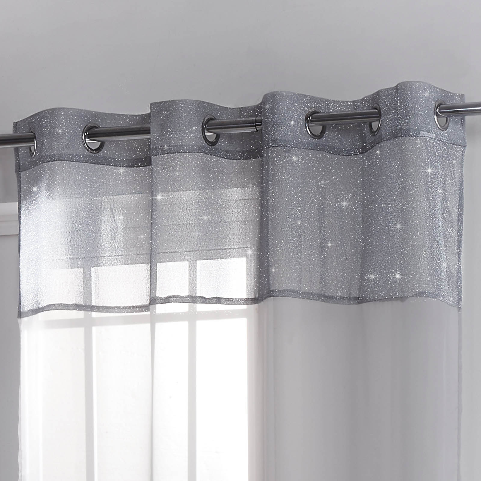 Sienna PAIR Lurex Sparkle Glitter Voile Net Curtain Eyelet Top Silver