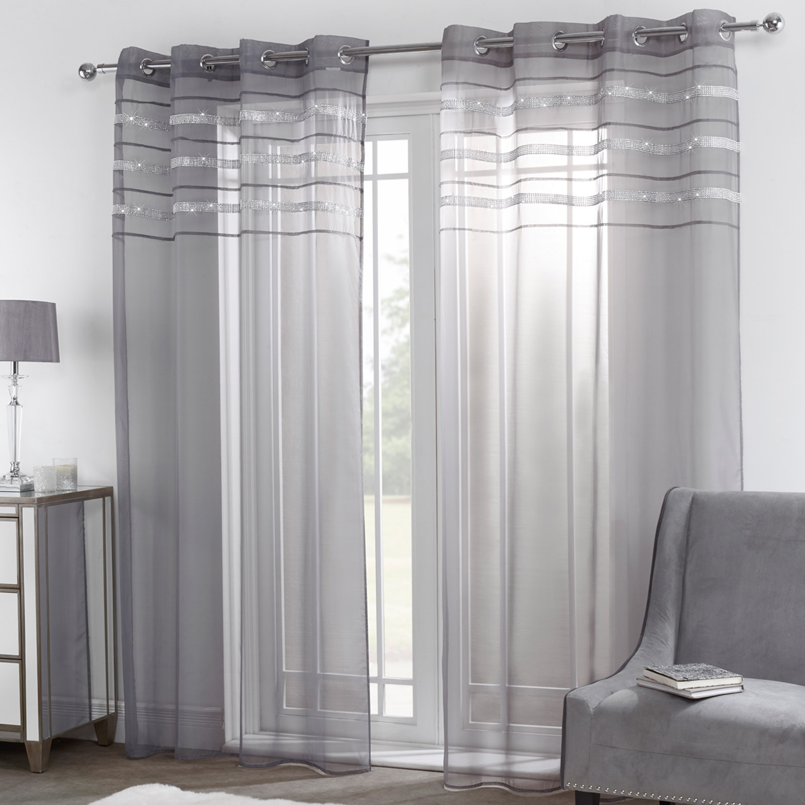 Sienna Pair of 2 Diamante Glitzy Voile Net Curtains Eyelet Ring Top