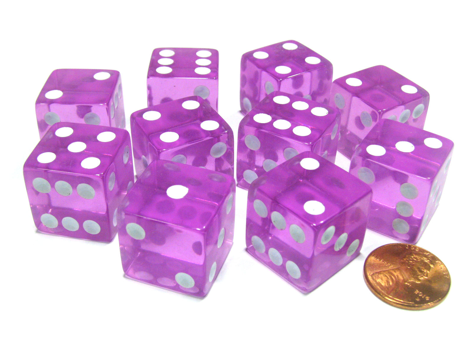 Set of 10 D6 Square Edged 19mm Dice Transparent Pink with White Pips