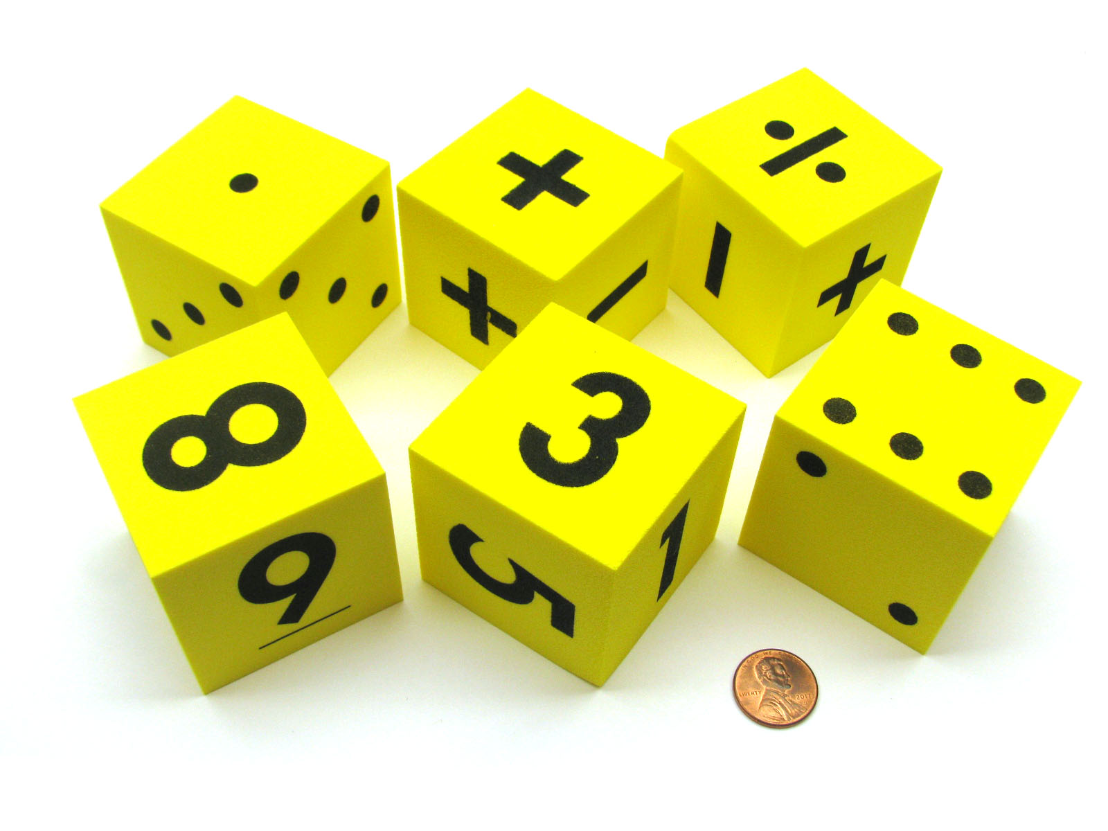 Pack of 6 Yellow 50mm Foam Math Dice Assorted Function, Spotted, and Numbered eBay