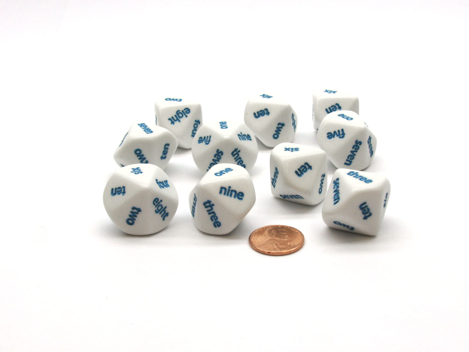 Pack Of 10 D10 English Word Number Dice One To Ten White With Blue Words