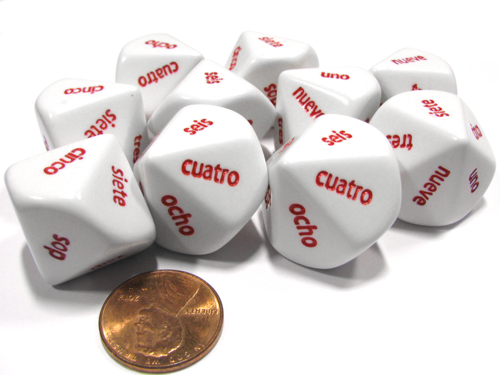 Set of 10 D10 Spanish Word Number Dice, unodiez White with Red