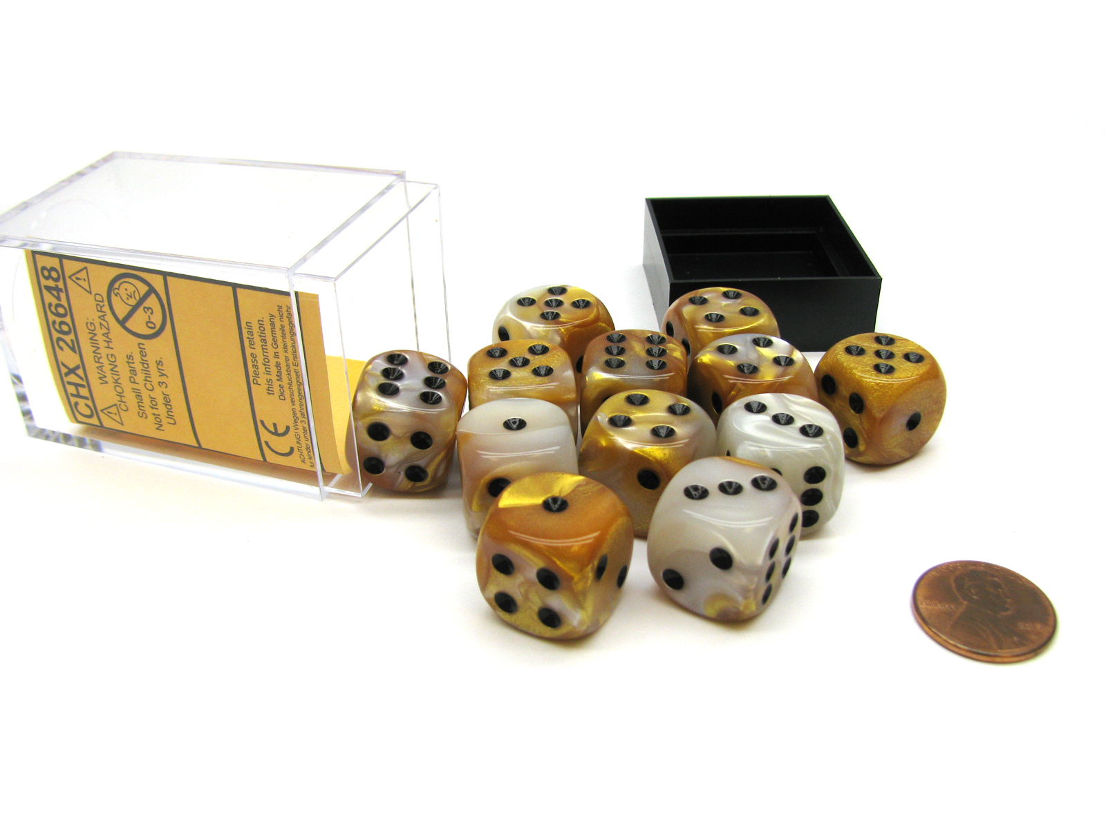 Gemini 16mm D6 Chessex Dice Block (12 Dice) GoldWhite with Black