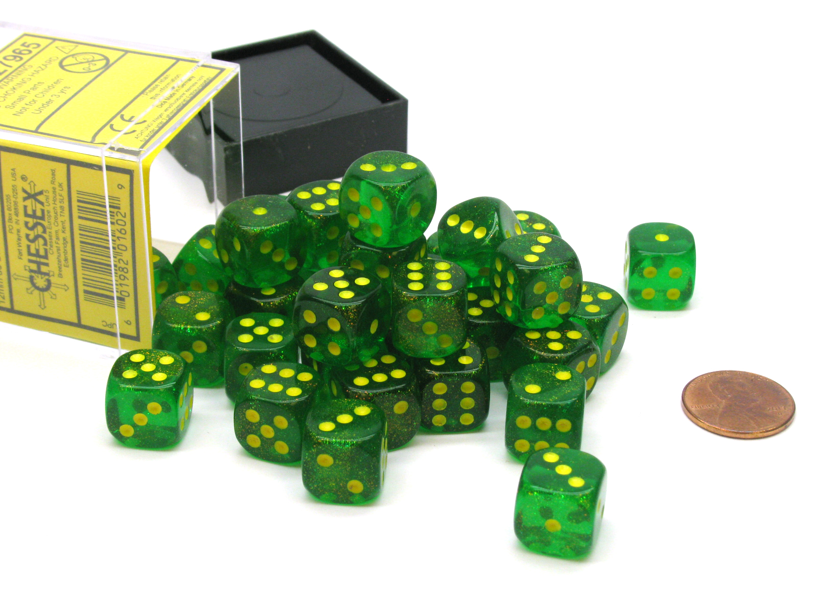 Borealis 12mm D6 Chessex Dice Block (36 Dice) Maple Green with Yellow