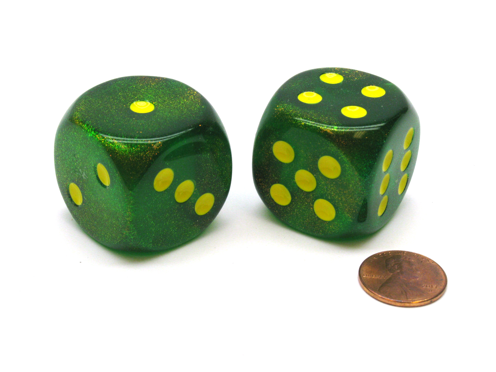 Borealis 30mm Large D6 Chessex Dice, 2 Pieces Maple Green with Yellow