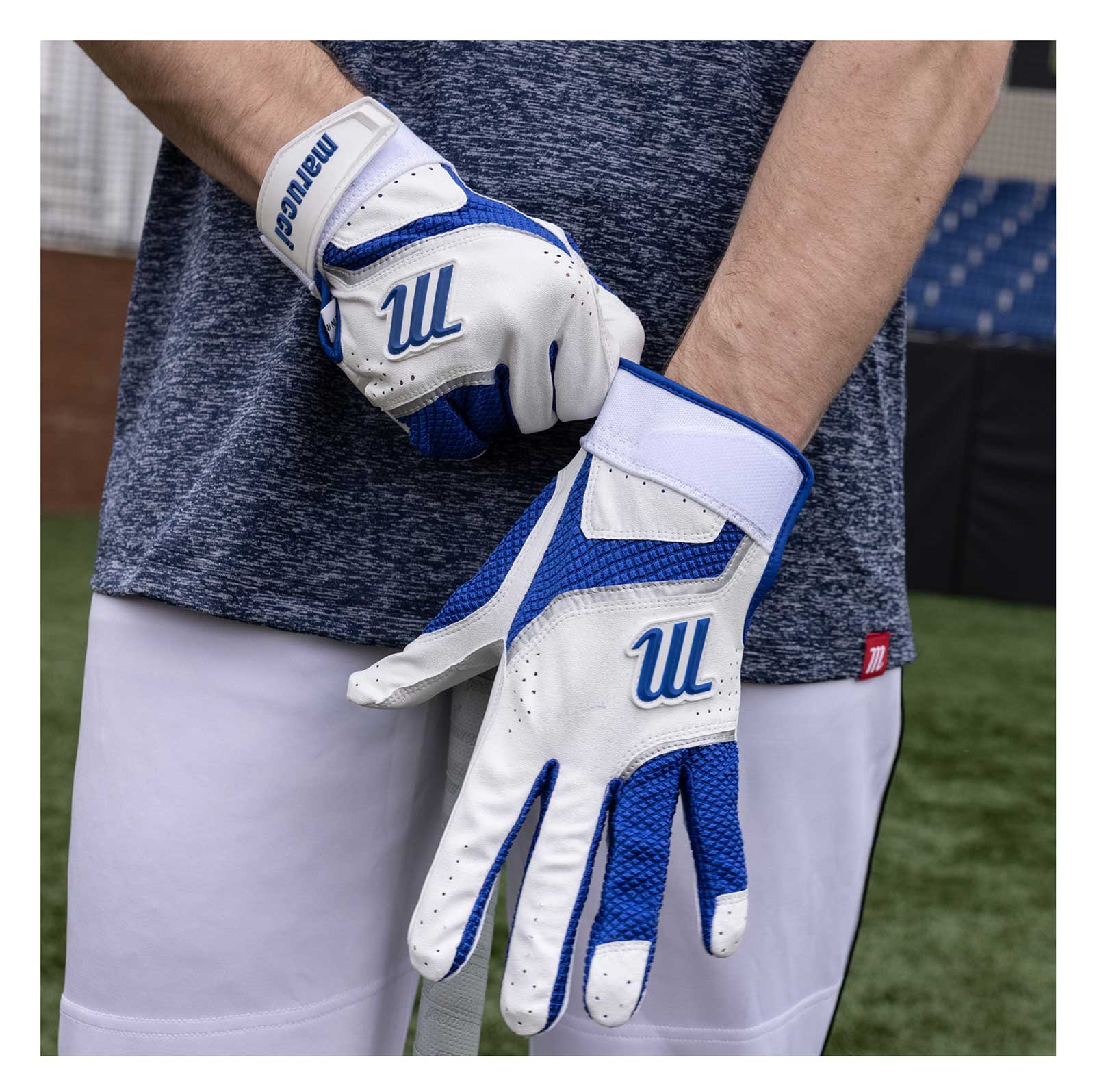 Marucci Code Adult Batting Gloves, Leather Palm & Mesh Back - Royal Blue/White