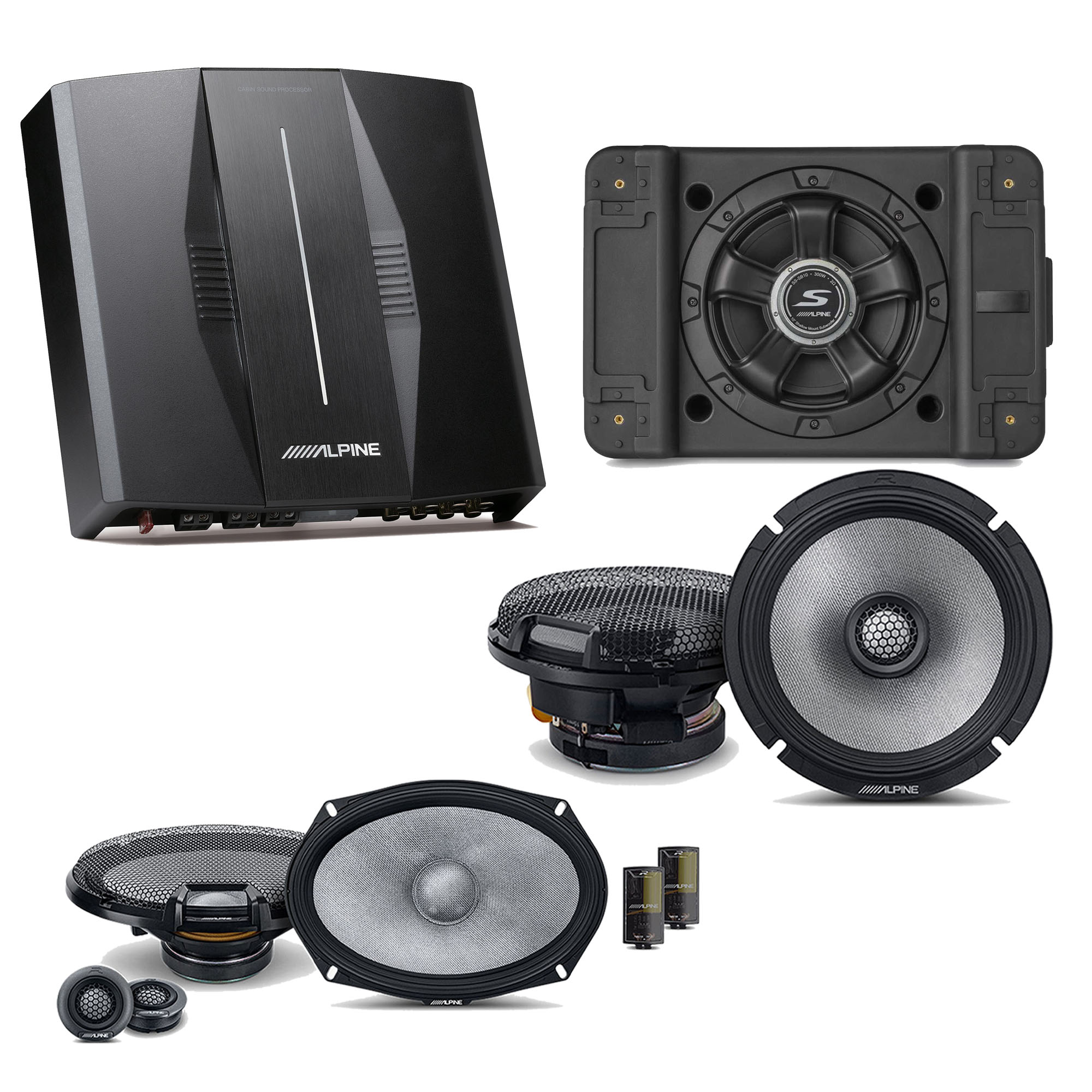 Alpine PXE-C80-88 OPTIM8 8-Channel Hi-Res Digital Sound Processor Amplifier w/ SS-SB12 Subwoofer, R2-S69C & R2-S65 Bundle