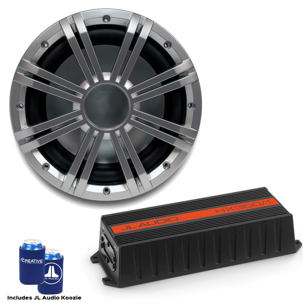 JL Audio HX300/1 Marine Subwoofer Amplifier with Kicker KMW102 10" Silver  NON-LED Marine Subwoofer